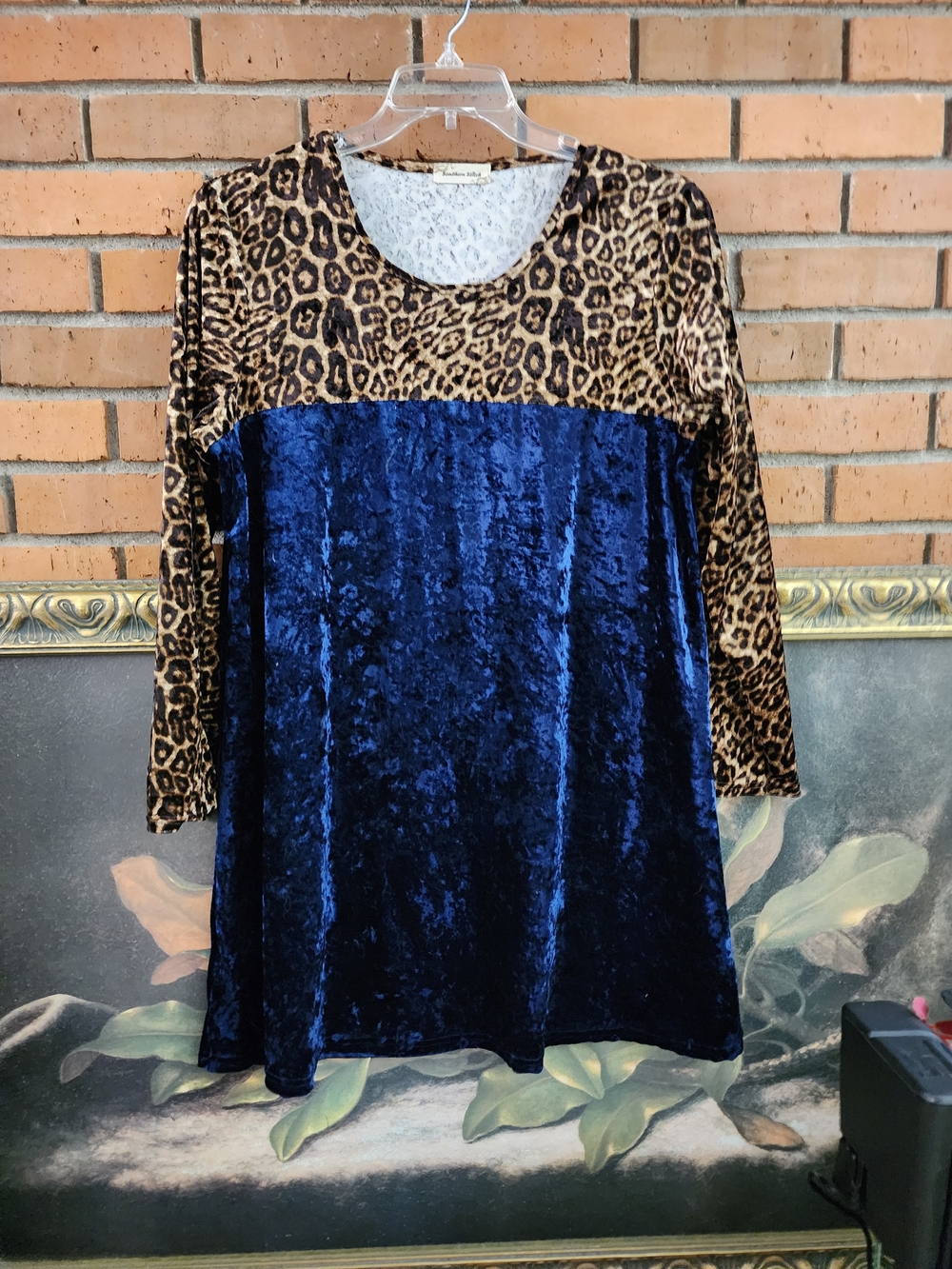 Leopard Print & Navy Velvet Midi Dress - Women's Long Sleeve